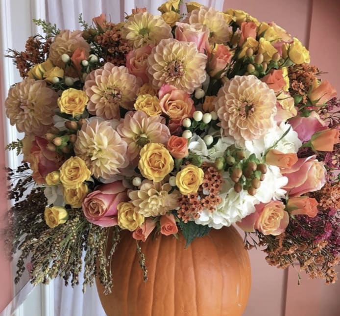 Autumn Pumpkin Arrangement  - Autumn Flowers inside of a pumpkin vase 