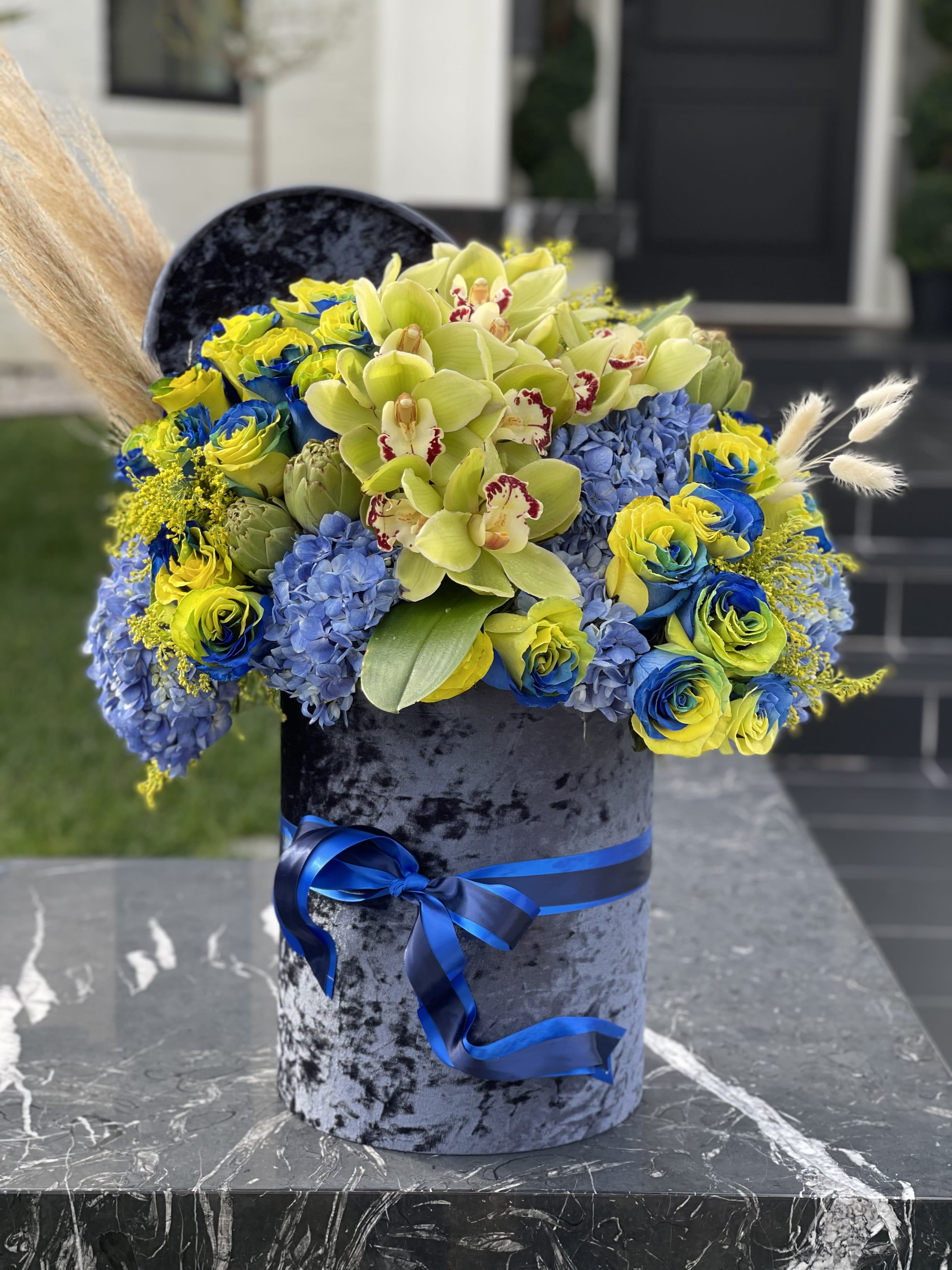 Masculine Arrangement  - Green and  Blue flowers in a box