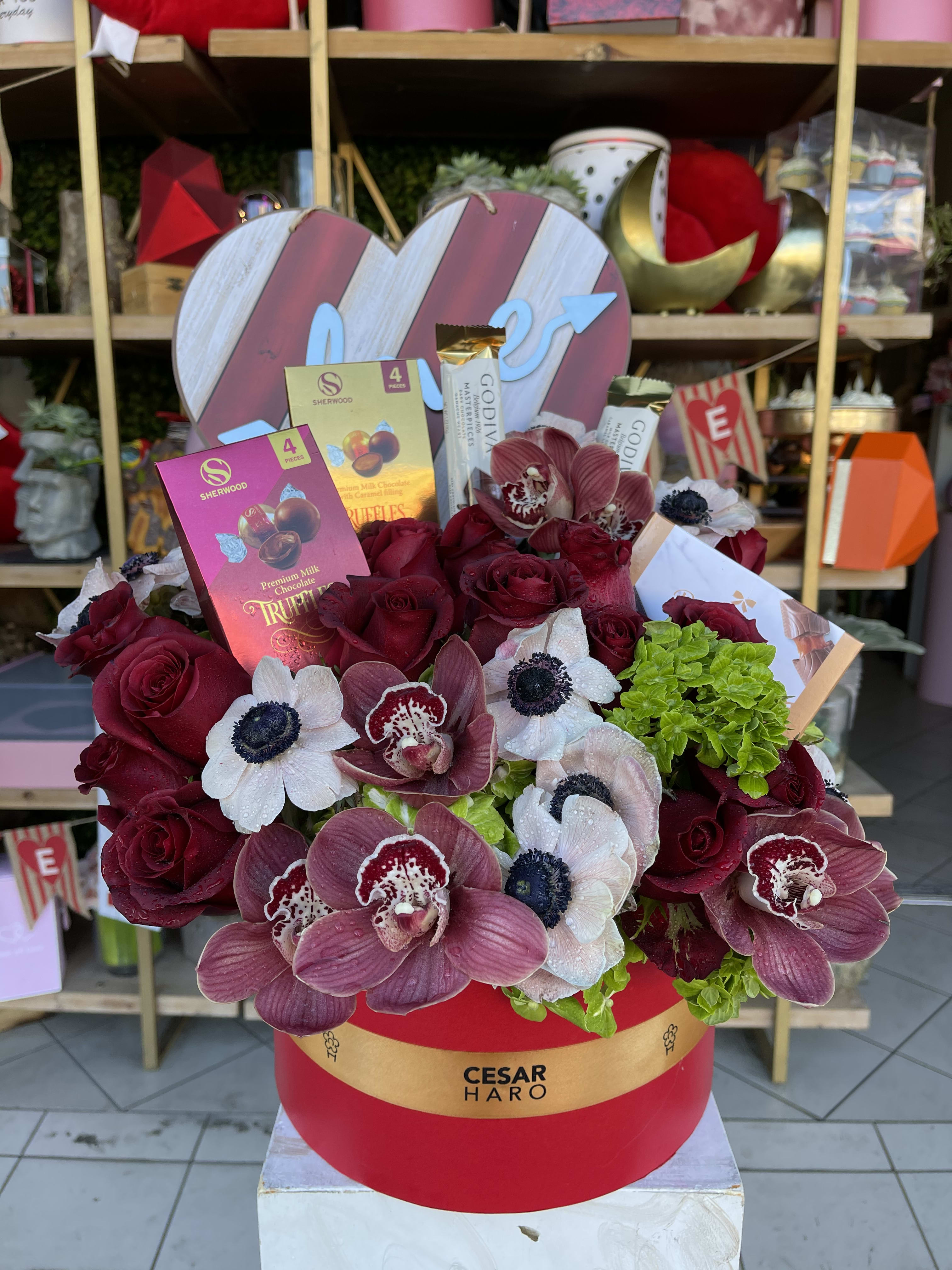 Flowers &amp; Sweets - Anemones Roses Hydrangeas Cymbidium Orchids and Chocolates 