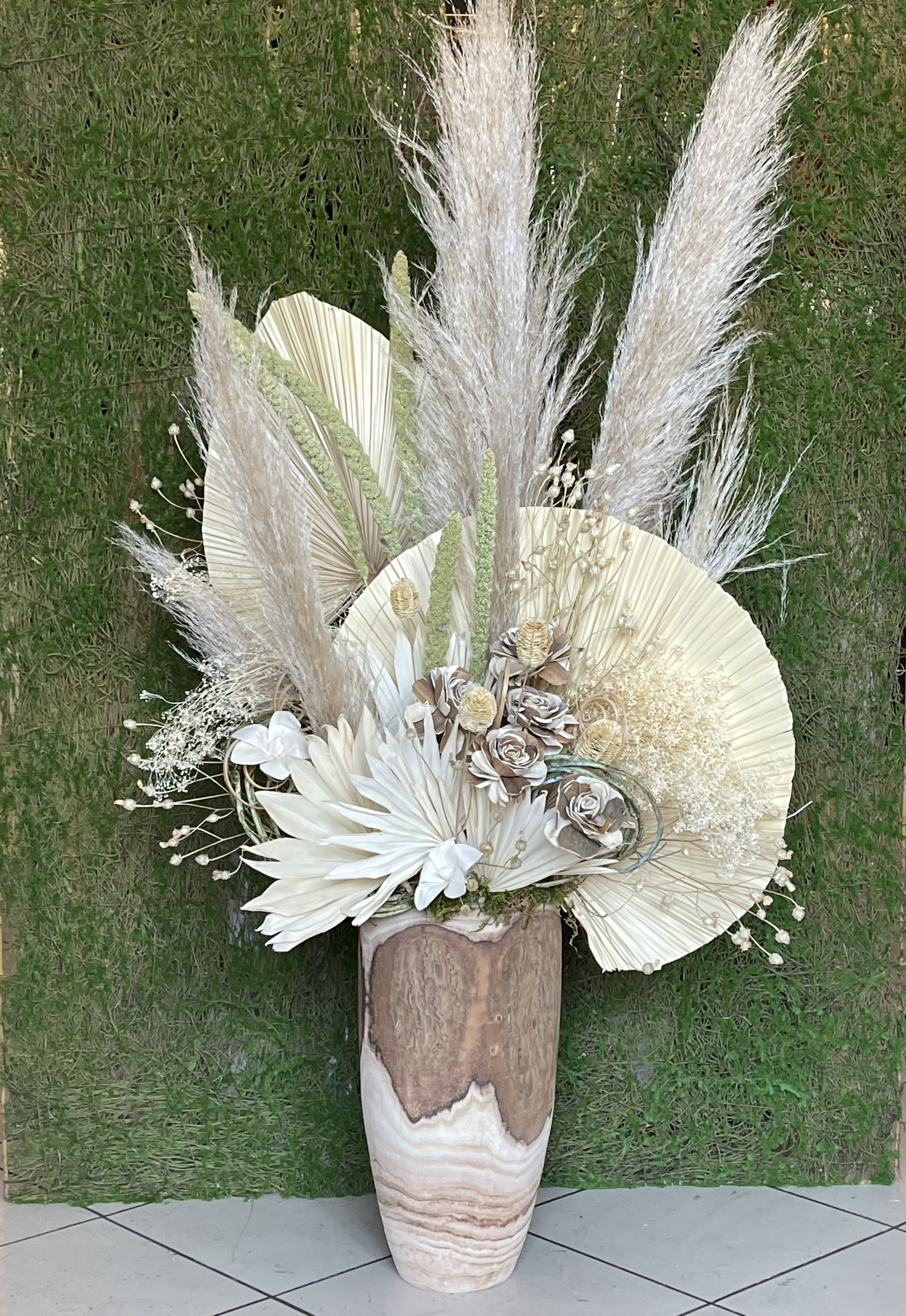 Dried Neutral Arrangement  - Wood Container beautifully designed with Dried Palm Leaves, Pampas Grass, and other Dried Neutral Natural Flowers 