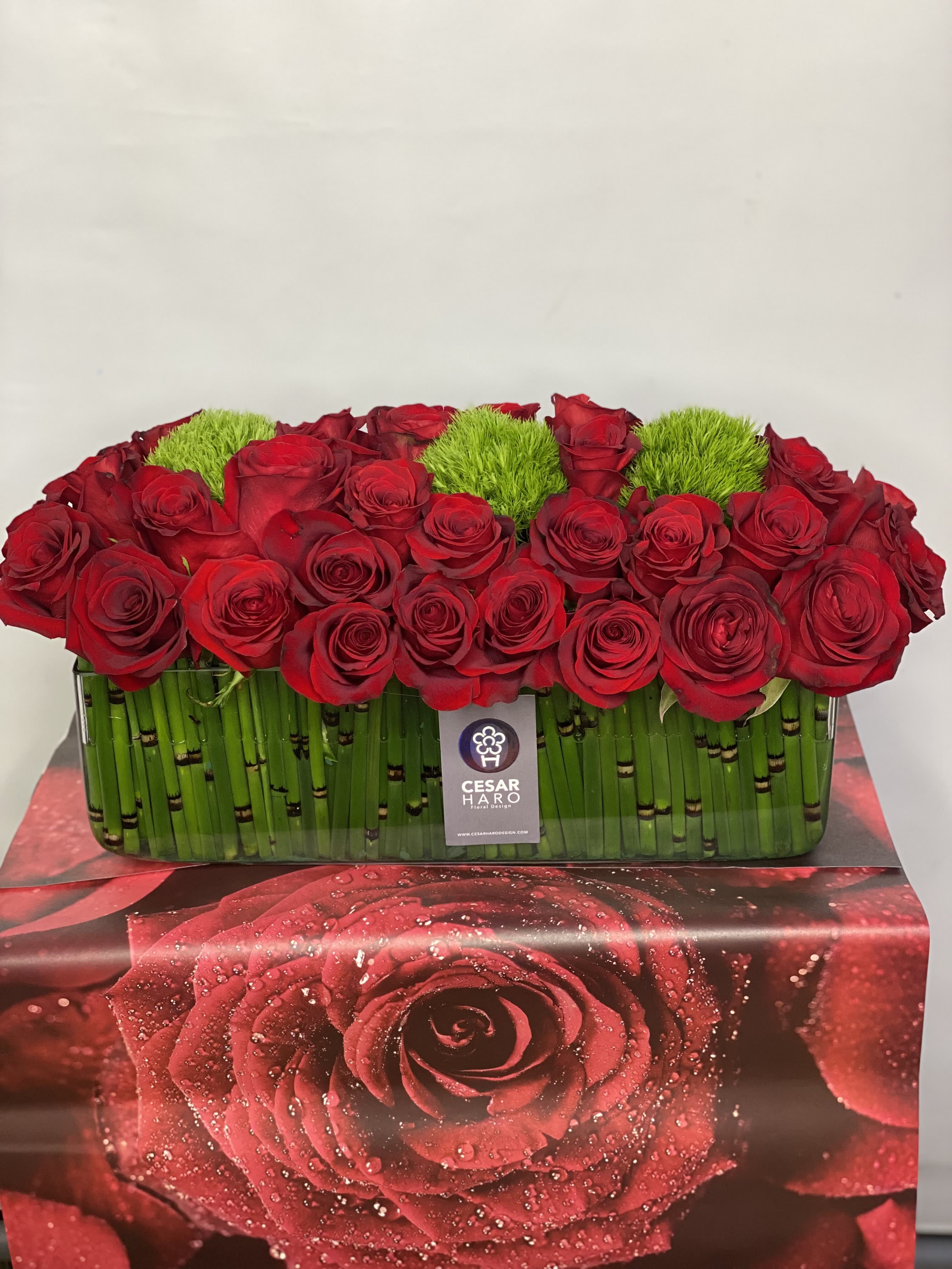 Rose Desire - 50 Ecuador big red roses  are gathered together, with green moss resting at the stem’s base. Horsetail bamboo-like lines the interior of the rectangular clear vase
