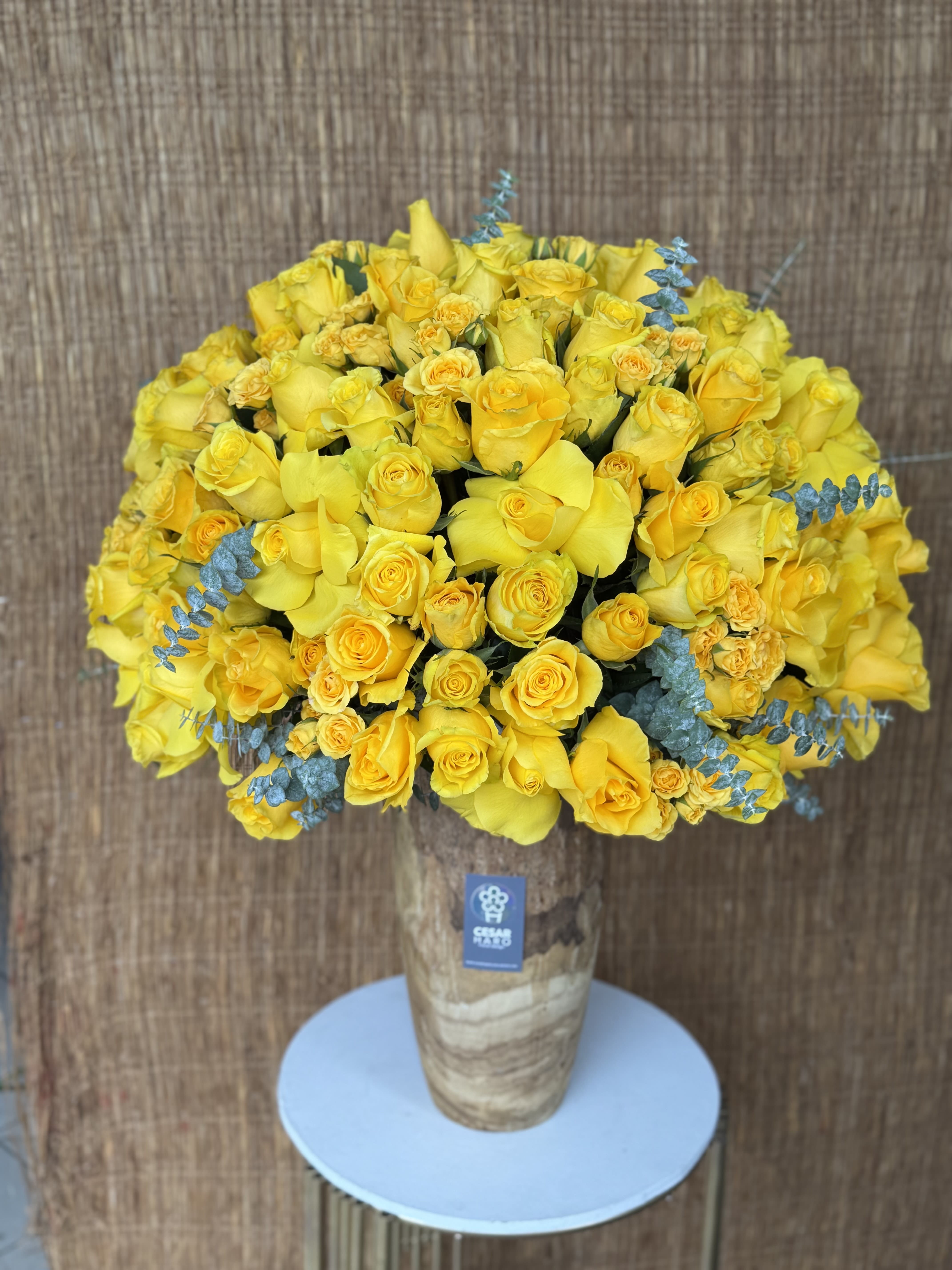Yellow Times - Wooden Vase nicely designed with yellow roses 