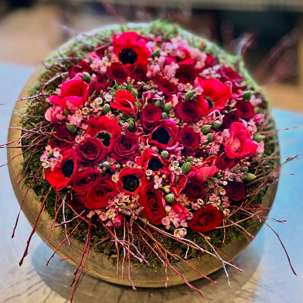 Love In Concrete - Concrete/cement round container beautifully designed with anemones, and roses ideal for you.