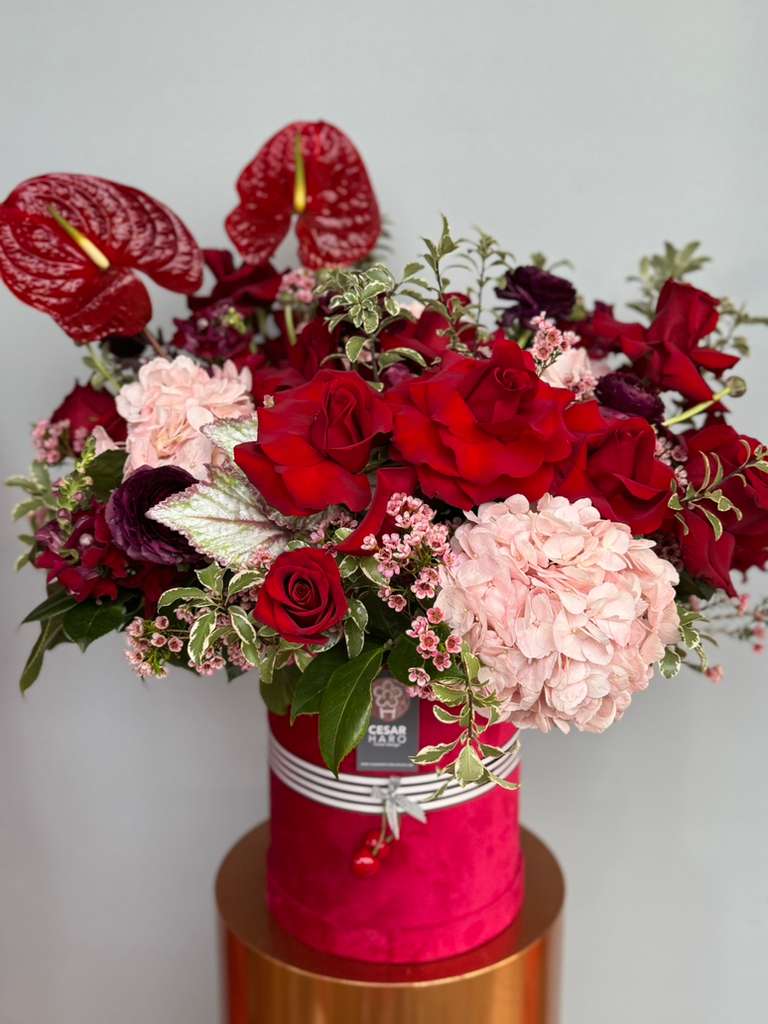 Blushing Romance - Red Velvet Valentine Collection - Sweep your sweetheart off their feet. Red roses, hydrangeas, anthuriums, and other flowers in pinks and shades of red -beautifully arranged in a red velvet cylinder. 