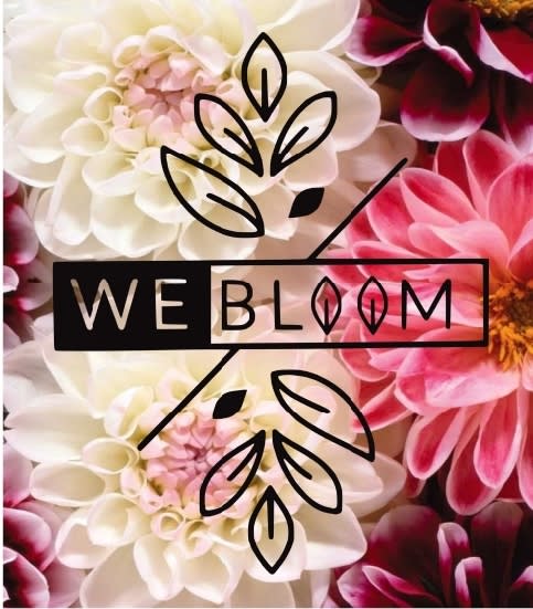 Close-up of white and pink dahlias with a Webloom logo overlay