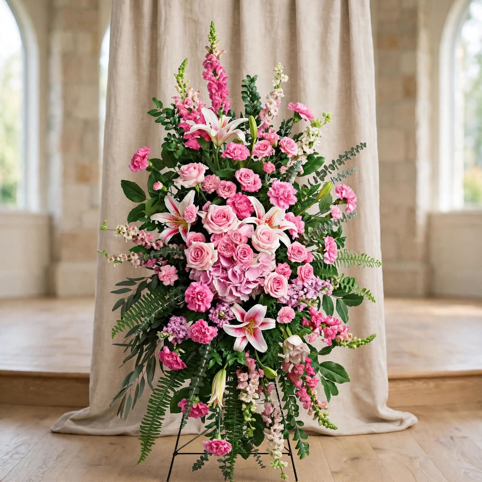Tall pink floral standing arrangement with roses, lilies, and carnations