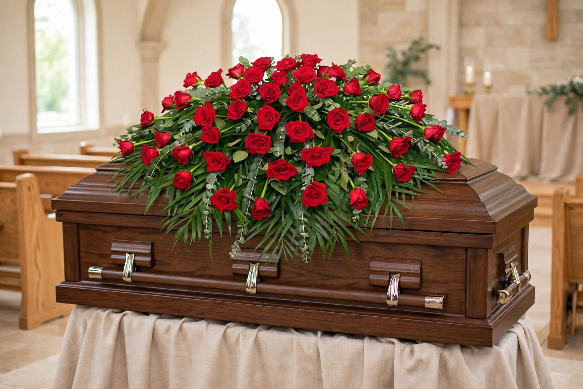 Red rose casket spray on a wooden coffin in a church