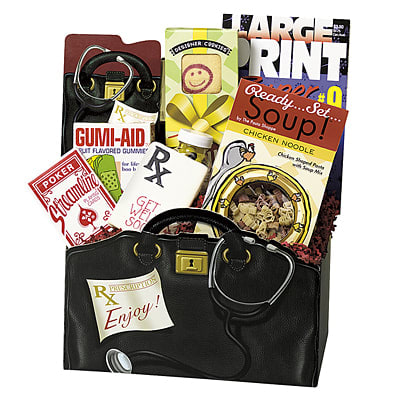Gift basket shaped like a doctor bag filled with novelty items and snacks