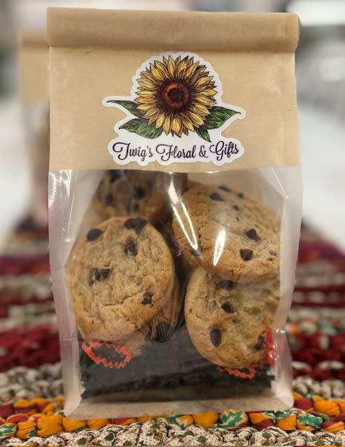 Bag of chocolate chip cookies with a sunflower logo label
