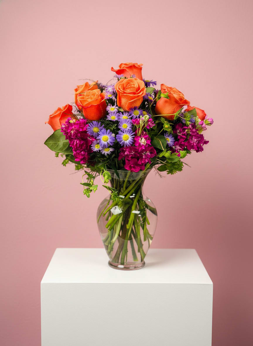 Life of the Party  - Celebrate good times with this lively bouquet. The arrangement includes roses, stock and other seasonal blooms.  This is the perfect gift for Mother's Day, Birthday, or Just Because. APPROXIMATE DIMENSIONS: 12" D x 15"H  Please note picture shows colors and flowers that may not be available at time of your purchase but we will substitue with similar colors and/or flowers for a beaautiful arrangement.