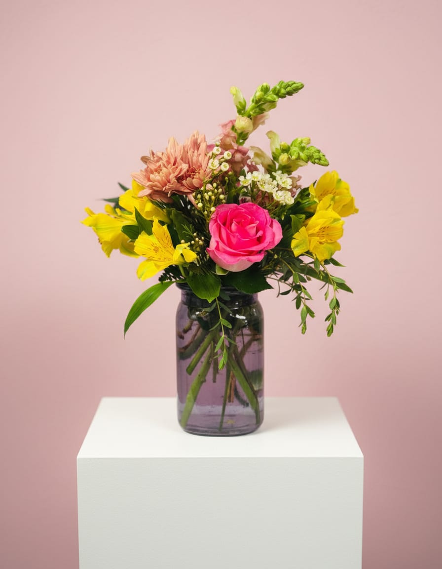 Pink rose and yellow mixed flowers in a glass vase