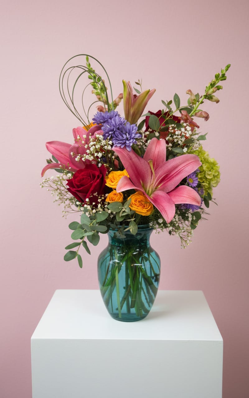 Finding The Rainbow - Send spirits soaring with this colorful collection of nature's most majestic blooms - roses,  Gerbera daisies and lilies and specialty blooms in season.  This spectacular arrangement is full of color and a long-lasting favorite!  We will change the color scheme to match the season.  If your recipient has favorite colors, please request and we will do our best!