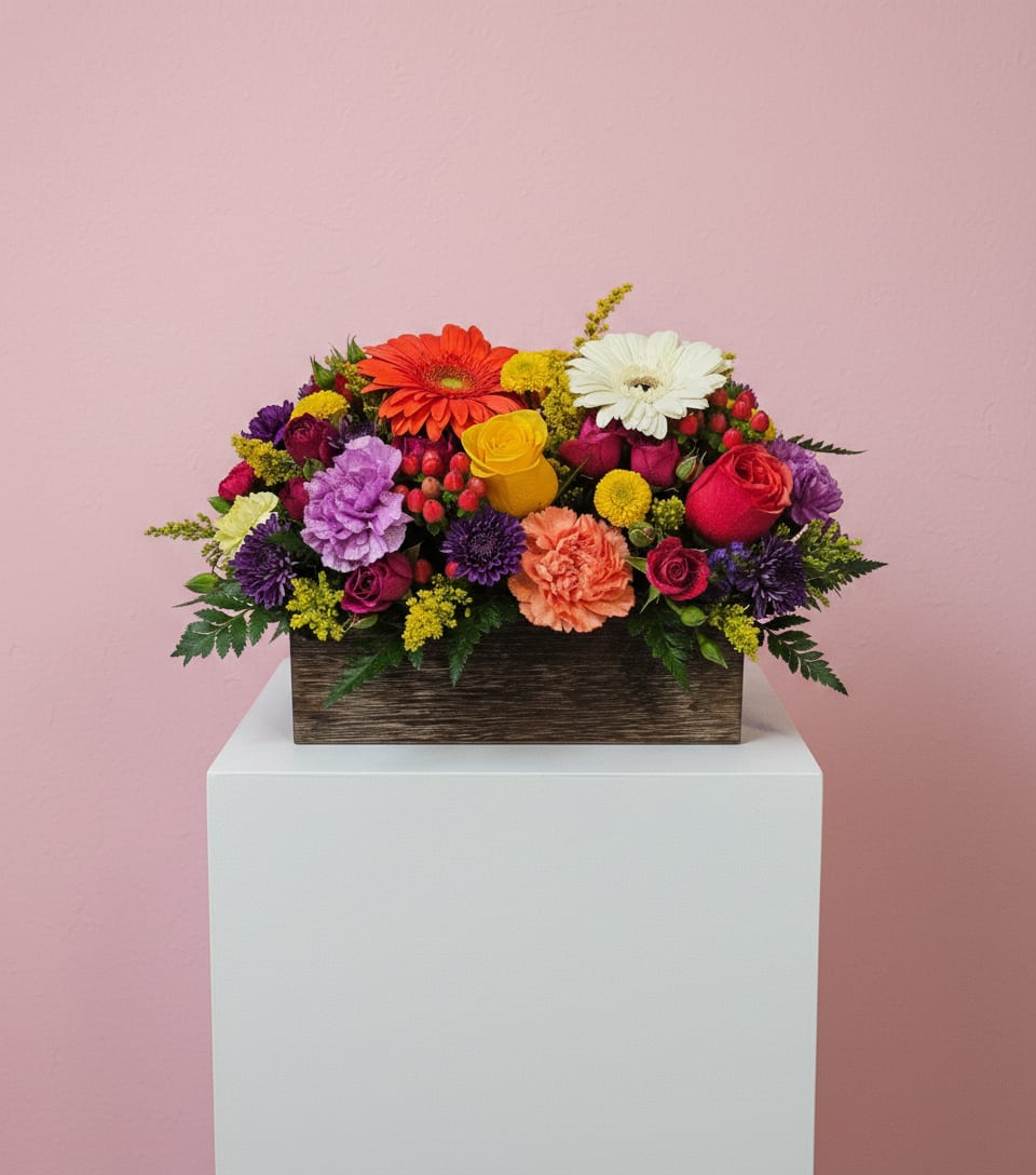 Bright Days Container Mix - Keep things fun with this jewel toned flower box! Our most seasonal flowers in a wooden garden box of various sizes give this arrangement its bright colors and textures to create a beautiful centerpiece or gift.      APPROXIMATE DIMENSIONS 18" W X 10" H