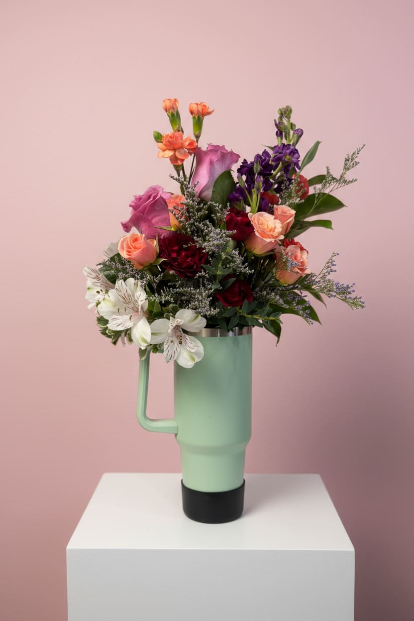 Mixed bouquet in a mint tumbler-style vase on a pedestal
