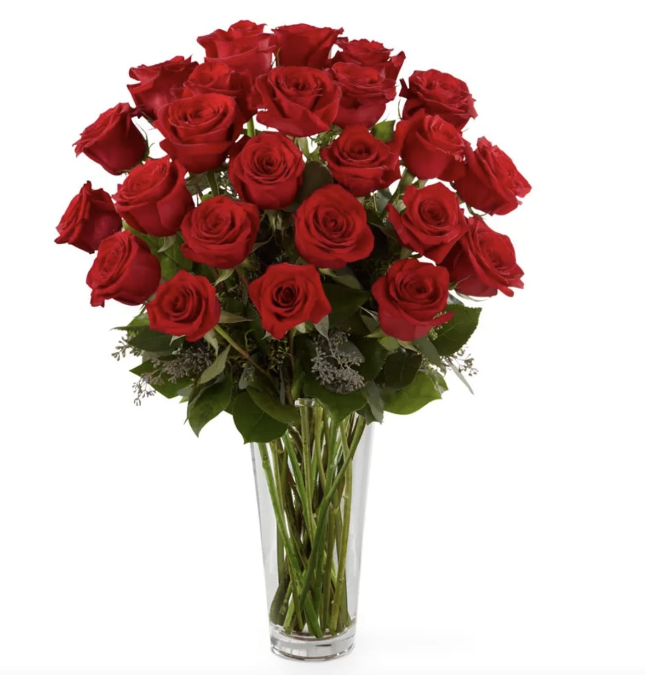 Bouquet of red roses in a clear glass vase