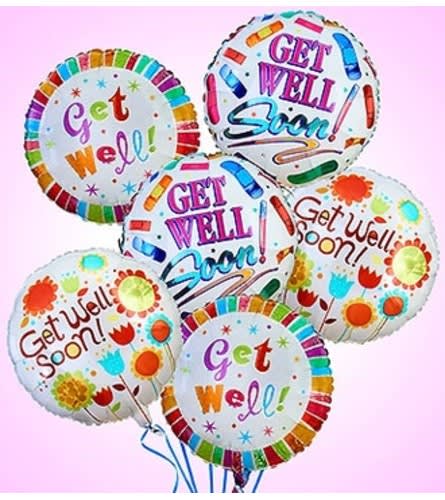 Cluster of colorful get-well balloons with printed messages
