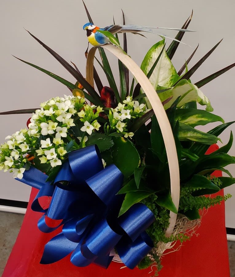 White flower arrangement with a large blue ribbon and decorative bird