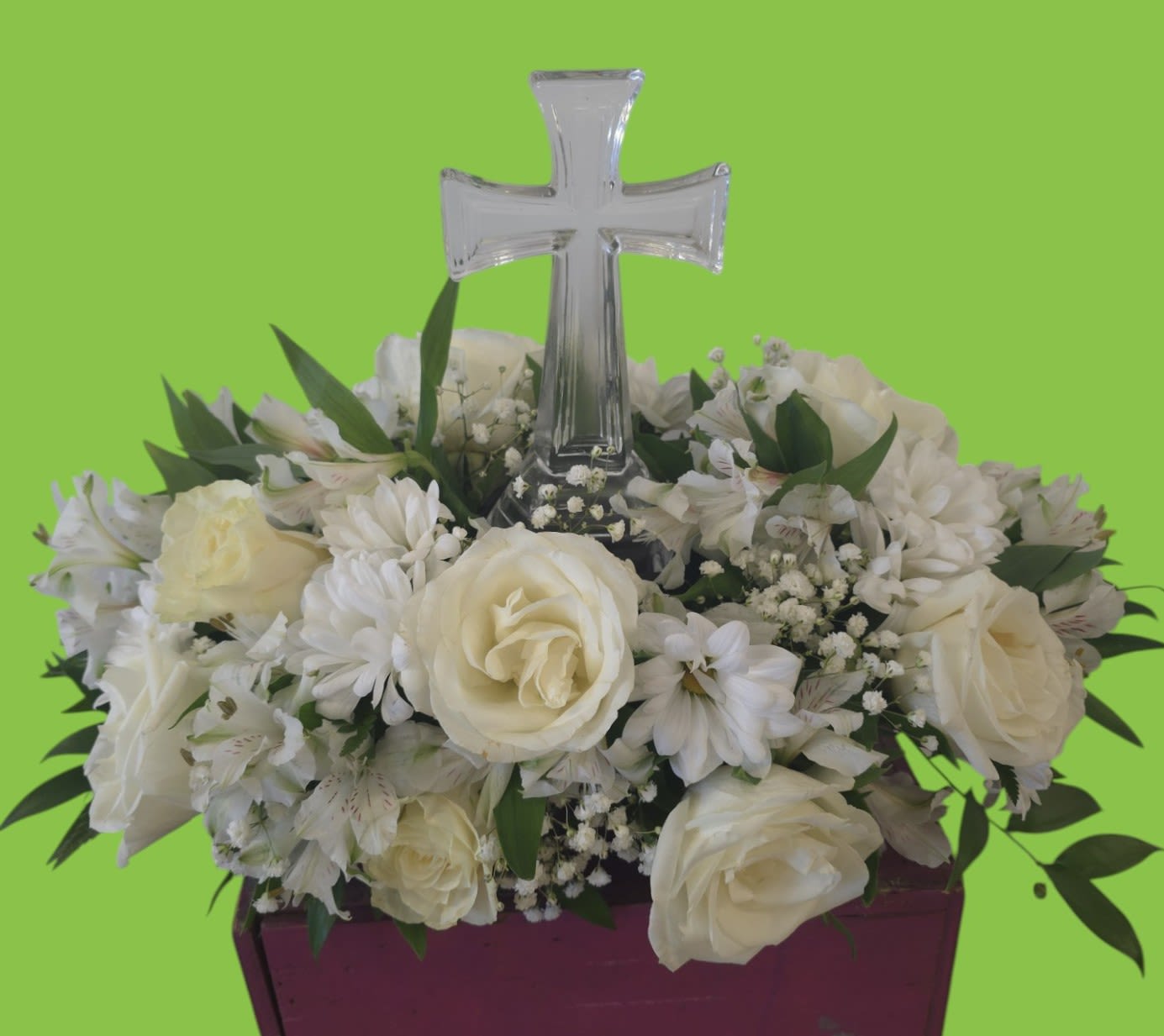 White rose and daisy arrangement with a clear cross topper