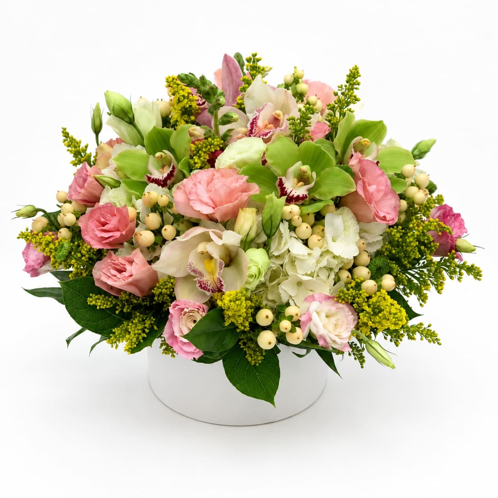 Pink and white mixed flower arrangement in a white round box