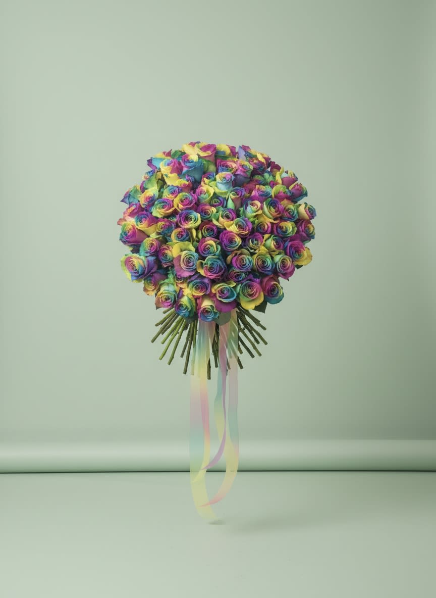 Rainbow of Love - Make an unforgettable statement with our breathtaking Rainbow Dreams Bouquet, featuring approximately 75 premium rainbow roses hand-arranged into a lush, rounded bouquet. Each rose showcases vibrant, multicolored petals symbolizing joy, hope, love, and celebration. Finished with elegant cascading satin ribbons, this bouquet is perfect for birthdays, anniversaries, graduations, proposals, Pride celebrations, or anyone who deserves something truly extraordinary. A show-stopping arrangement designed to brighten hearts and leave a lasting impression.