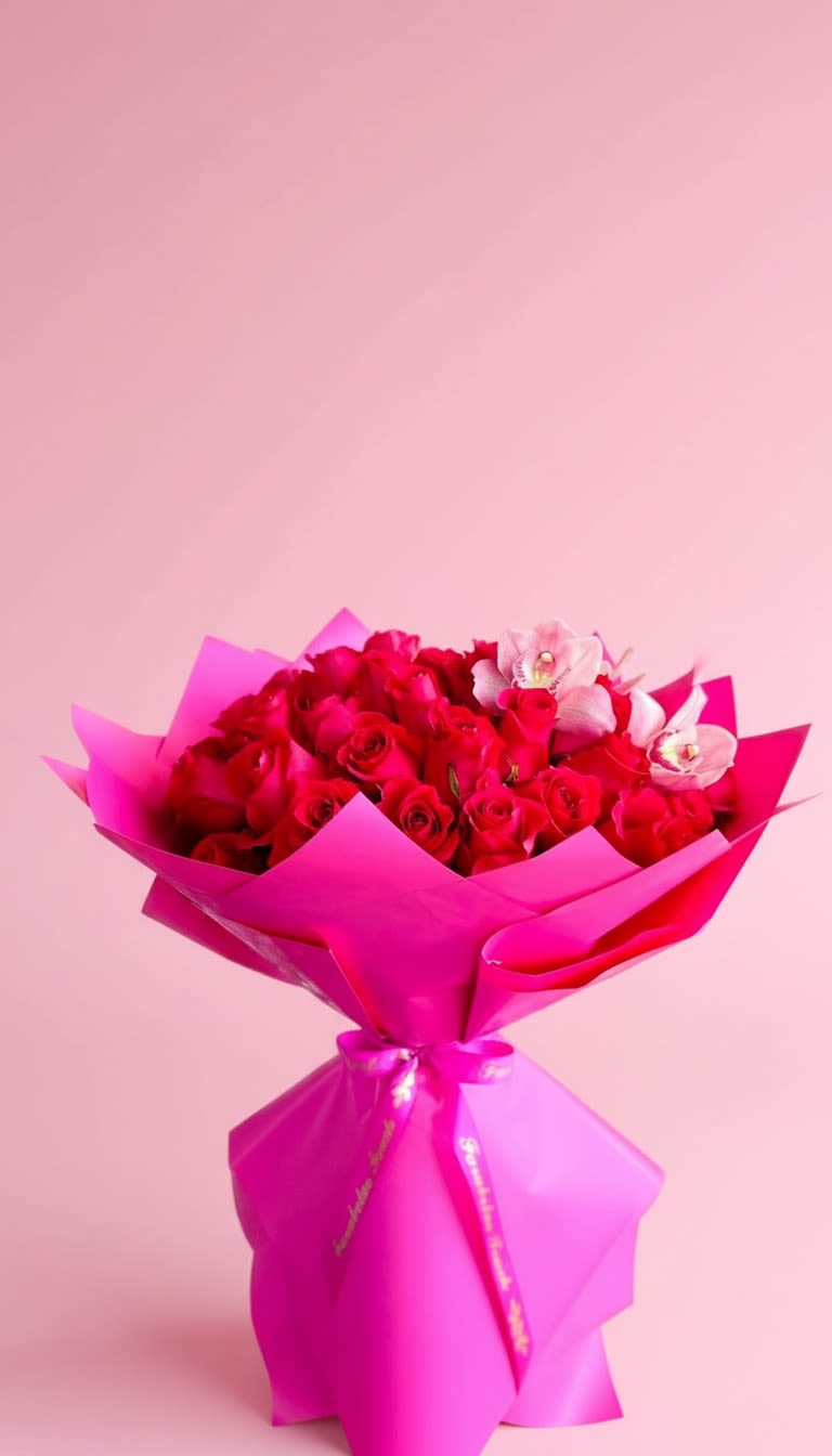 Scarlet Symphony   - A breathtaking expression of love and luxury, Crimson Elegance features a lush collection of premium red roses, beautifully accented with delicate white cymbidium orchids. Wrapped in vibrant pink luxury paper and finished with an elegant ribbon, this bouquet is designed to make an unforgettable statement. Perfect for anniversaries, birthdays, romantic surprises, or any moment worth celebrating.