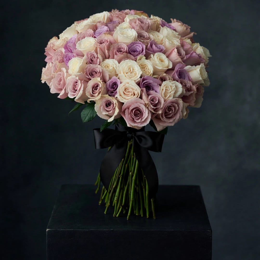 Bouquet of pastel roses tied with a black ribbon