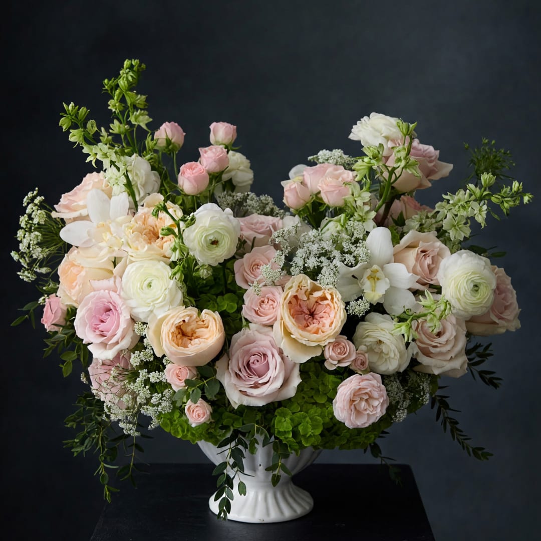 Pastel rose and ranunculus arrangement in a white pedestal vase
