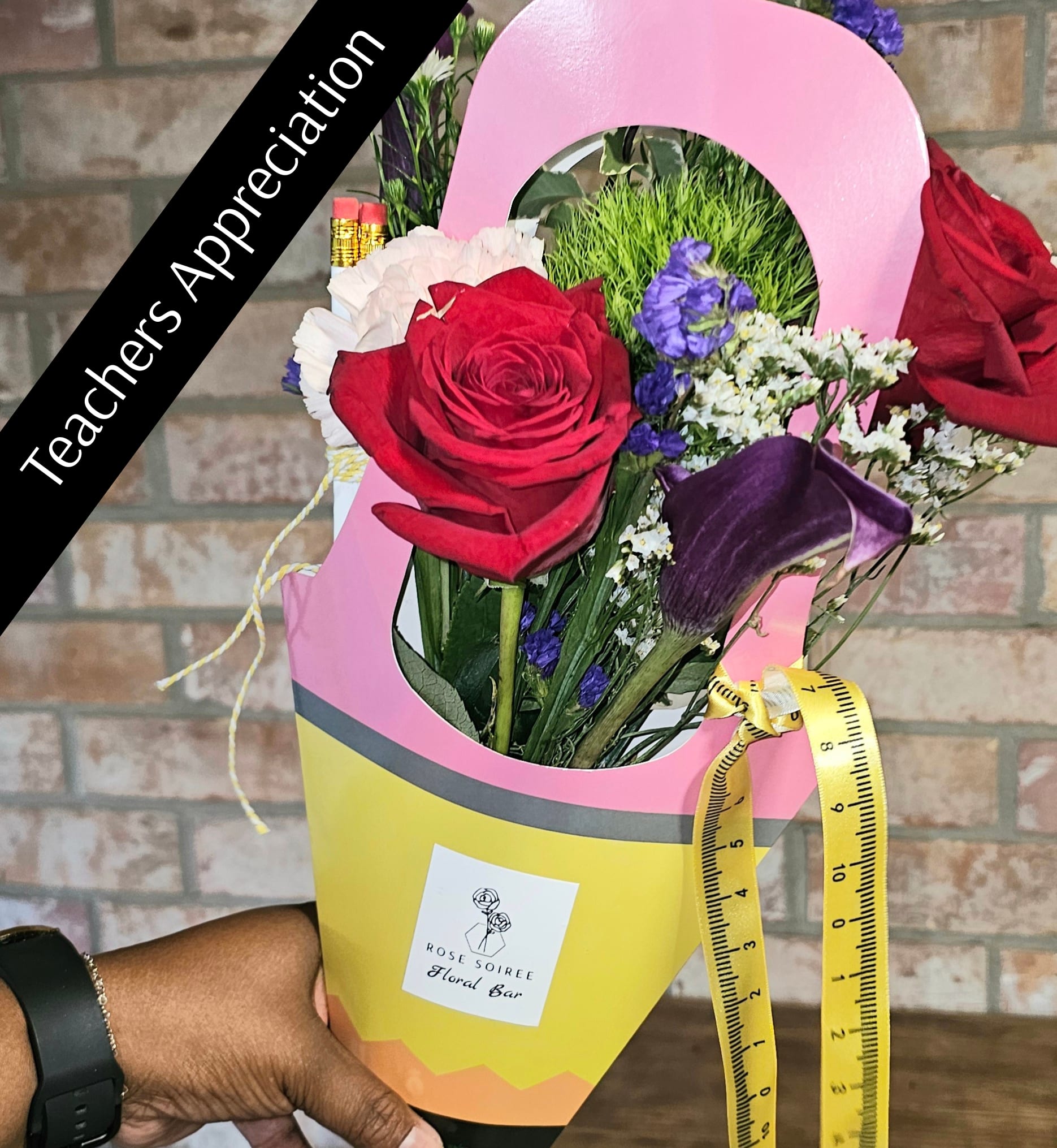 Teacher Mini Bouquet - Designer choice small bouquet with teacher theme holder, ribbon and trinkets.
