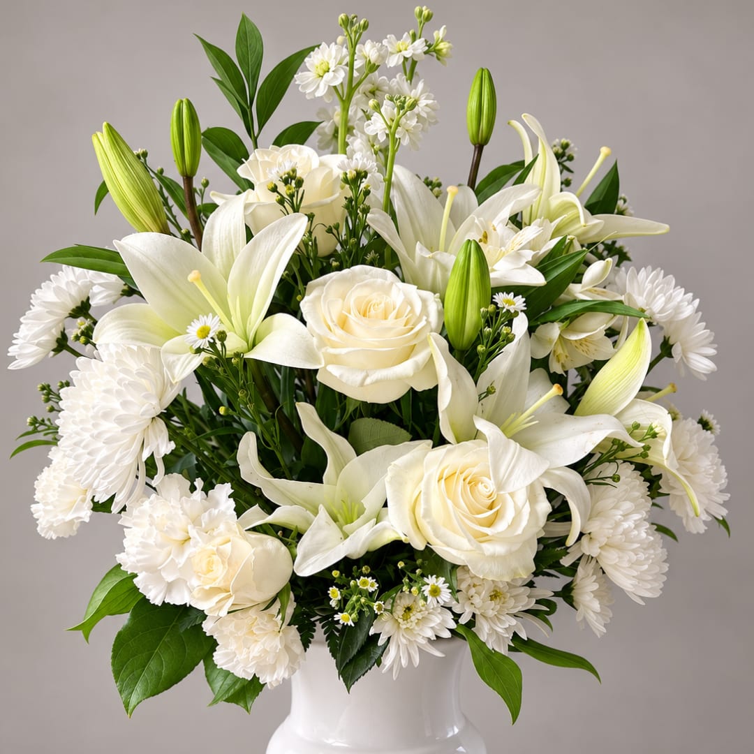 White lilies, roses, and chrysanthemums arranged in a white vase