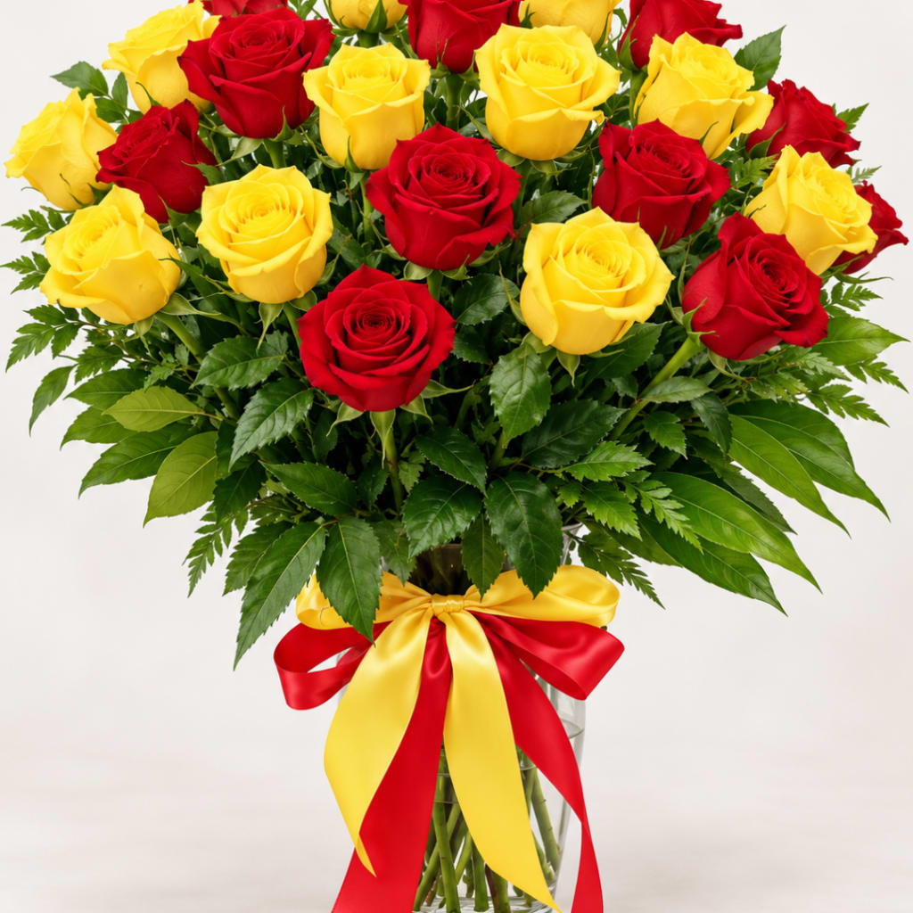 Bouquet of red and yellow roses in a clear glass vase with a red and yellow ribbon