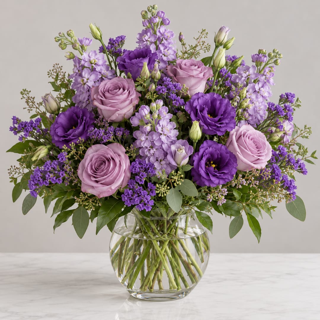 Lavender and purple bouquet in a clear glass vase