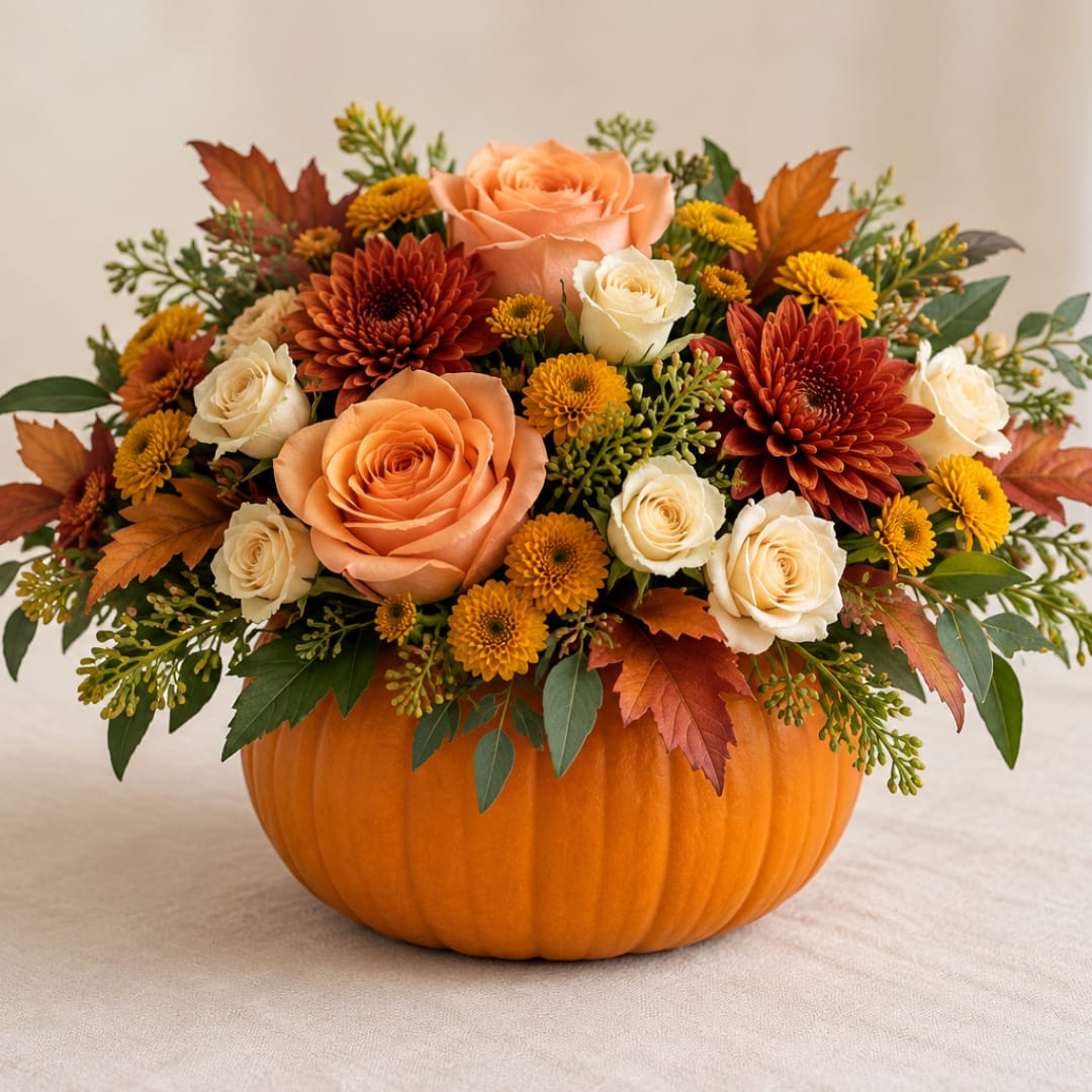 Fall floral arrangement in a pumpkin-shaped container with roses and mums