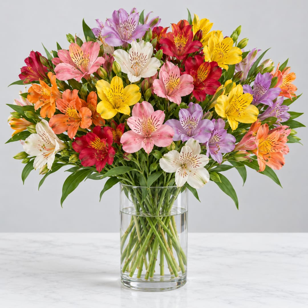 Colorful alstroemeria bouquet in a clear glass vase