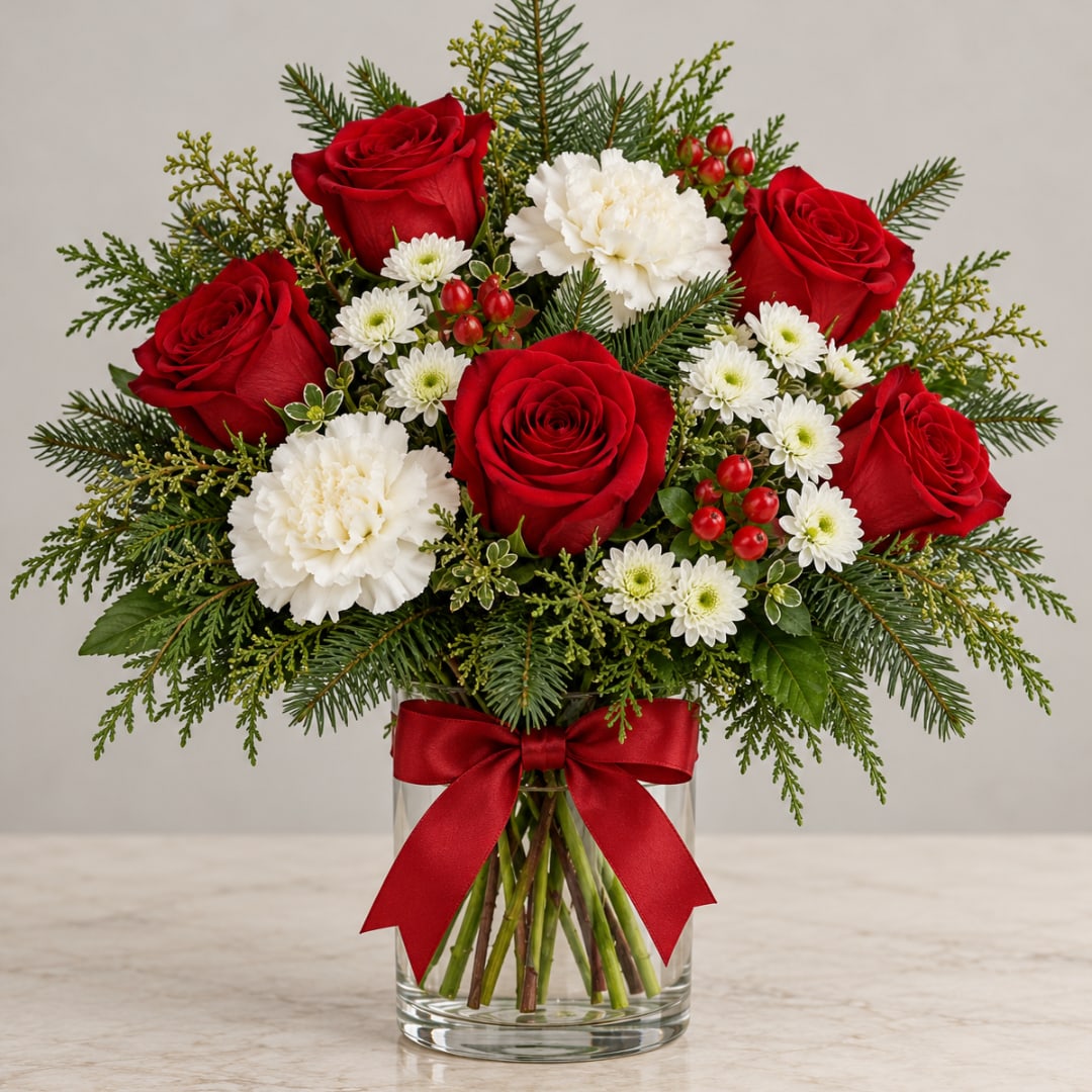Red roses and white carnations in a glass vase with a red ribbon