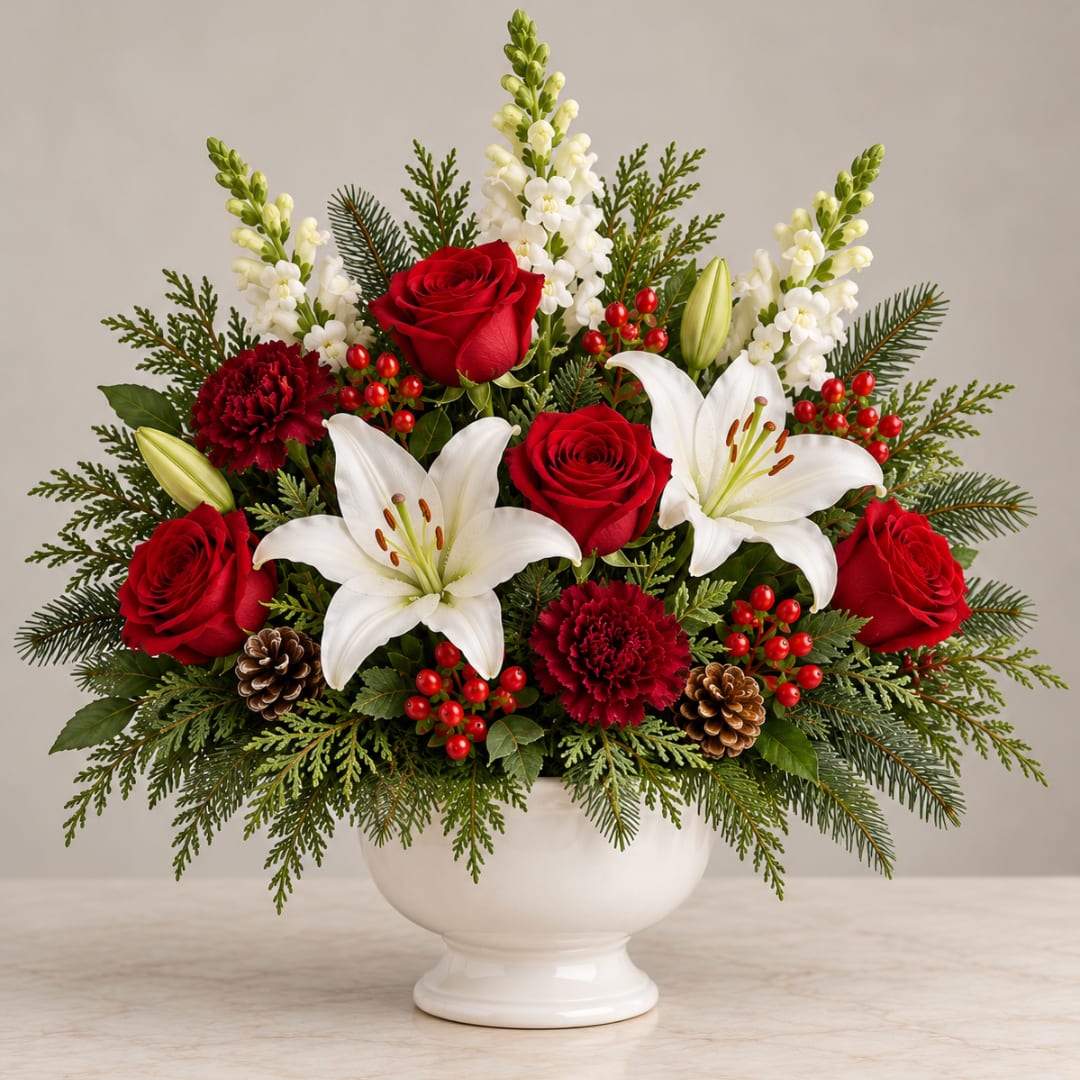 Red roses and white lilies in a white pedestal vase with evergreen accents