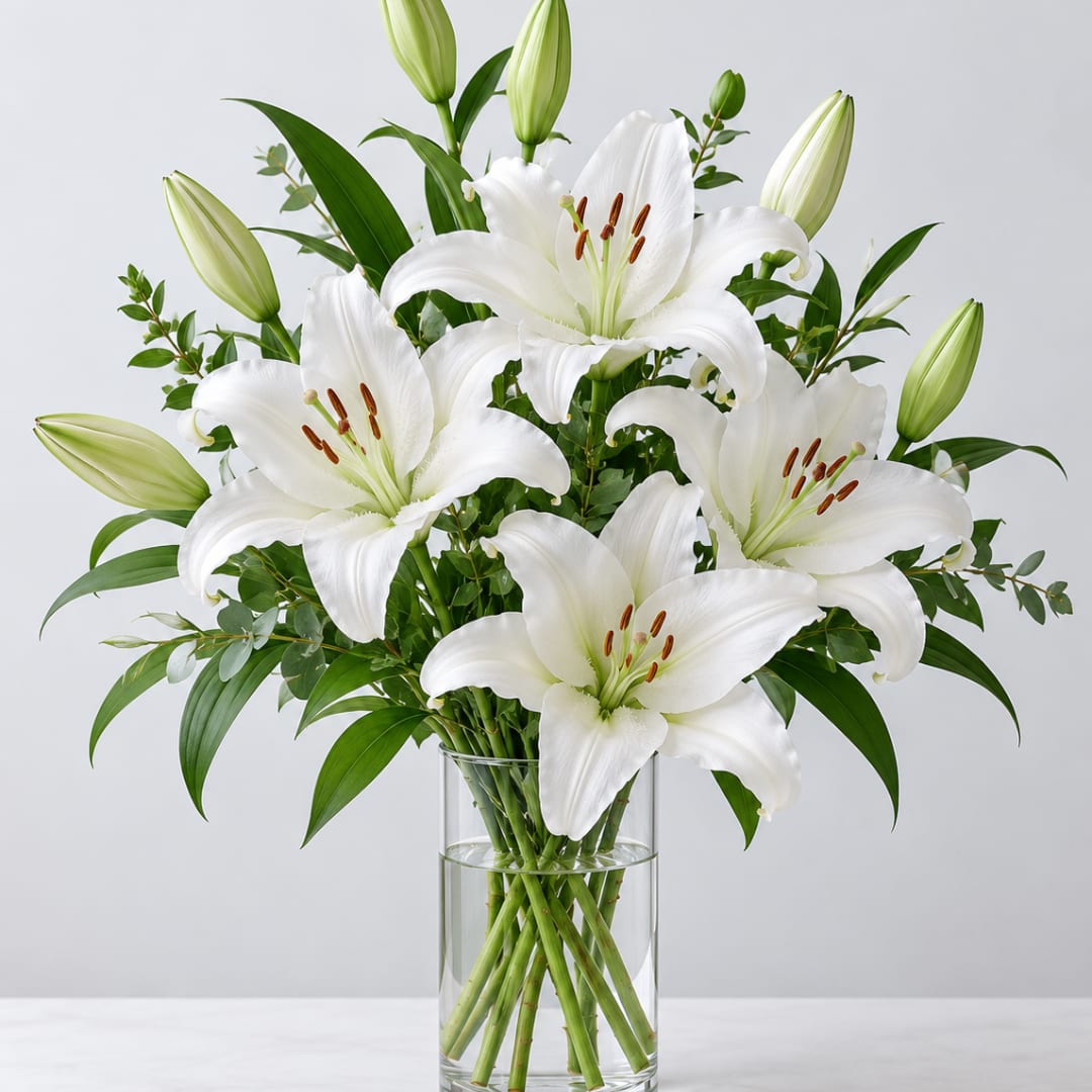 White lilies arranged in a clear glass vase with green buds and foliage