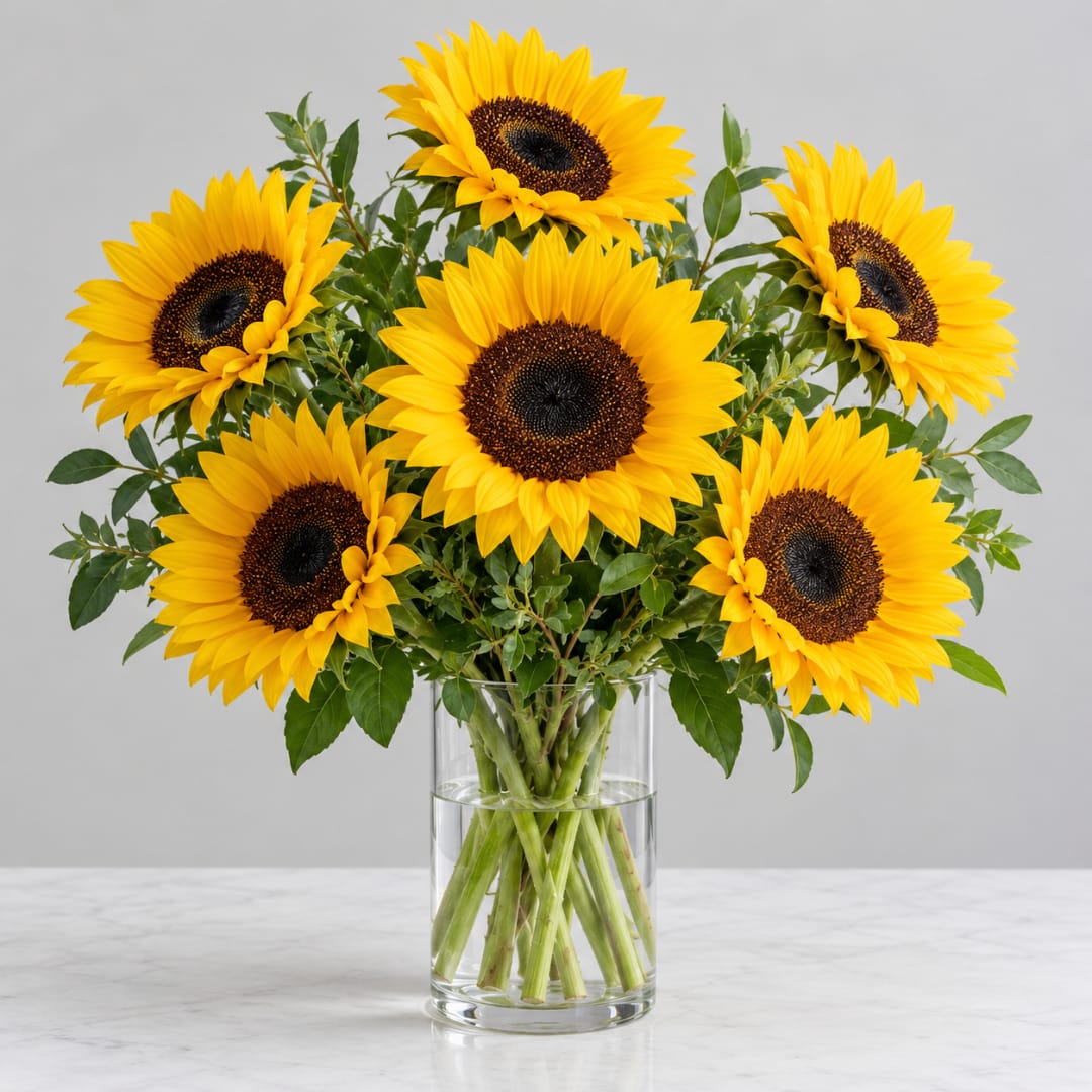 Bouquet of yellow sunflowers in a clear glass vase