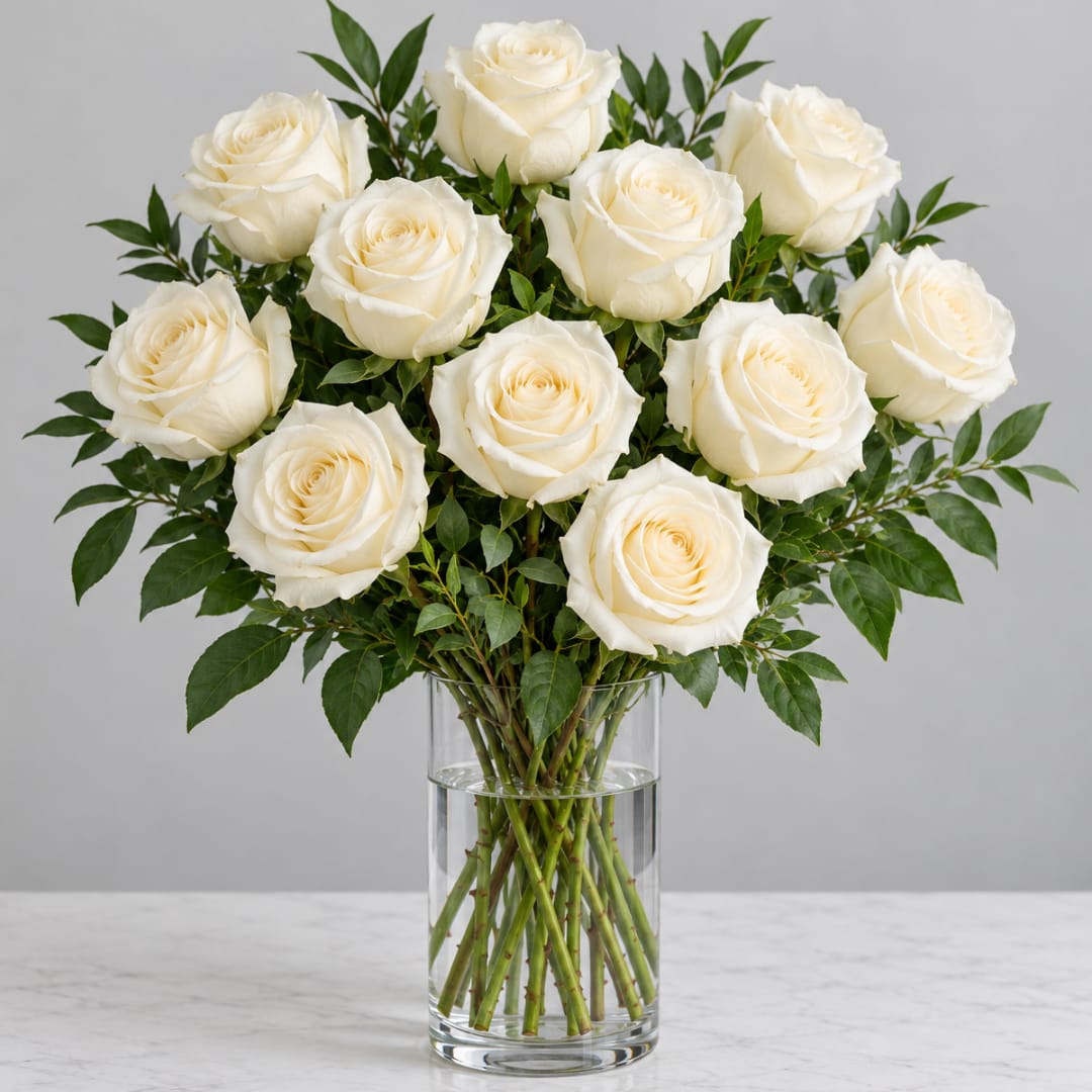 White roses arranged in a clear glass vase with greenery