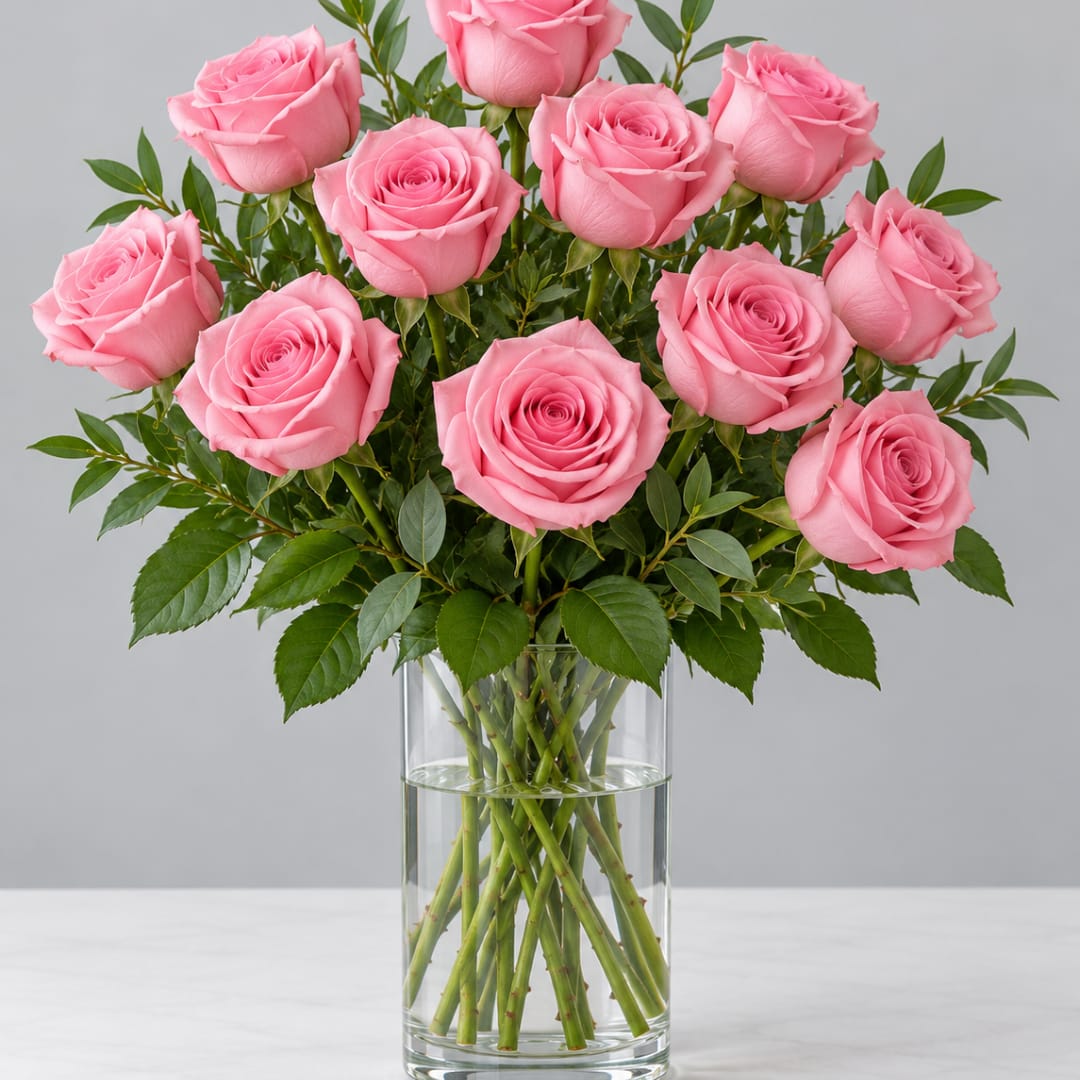 Pink roses arranged in a clear glass vase