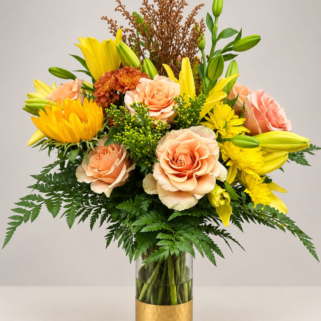 Peach roses and yellow lilies in a glass vase