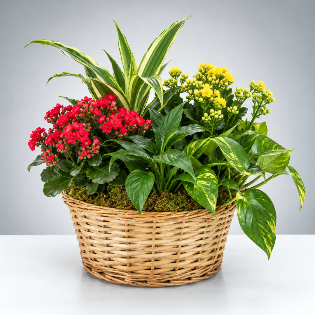 Basket arrangement with red and yellow flowering plants and assorted foliage