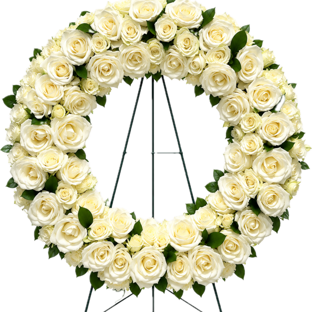 White rose funeral wreath on a metal stand
