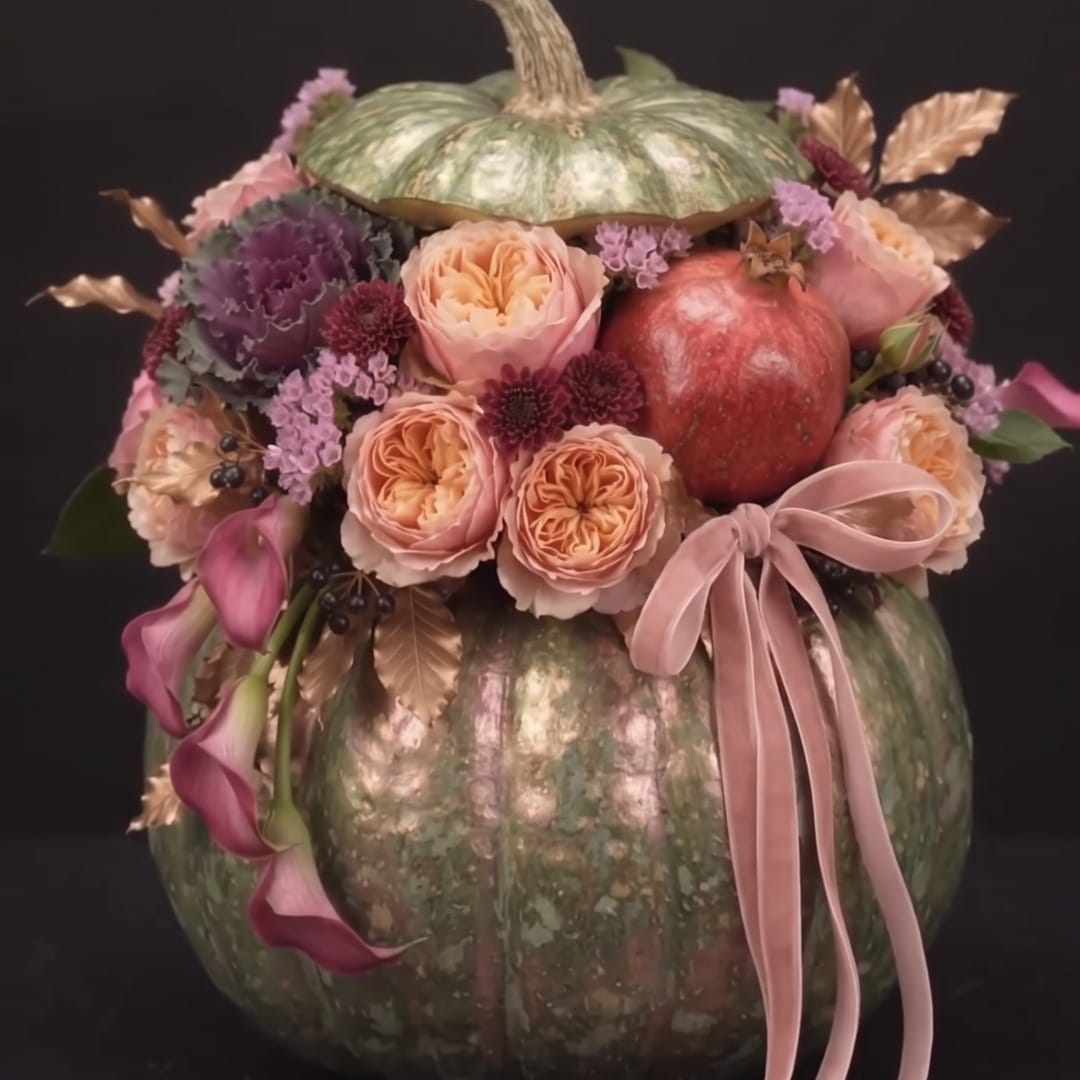 Decorated green pumpkin with peach and purple flowers and a pink ribbon