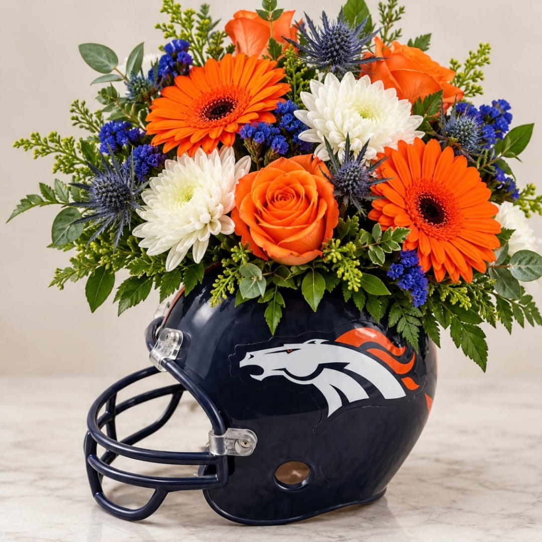 Orange and white flowers arranged in a Denver Broncos football helmet