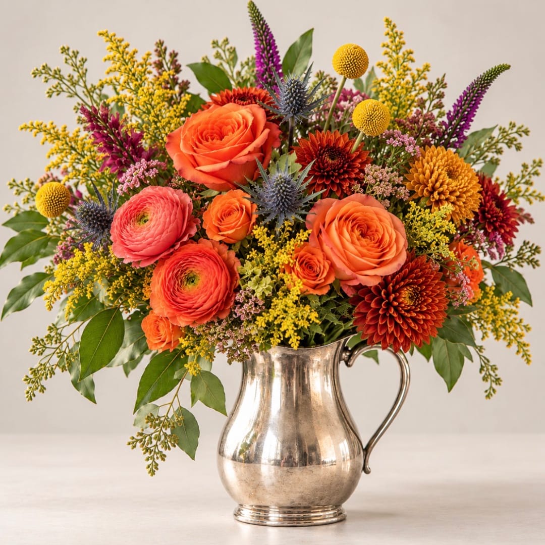 Bright mixed bouquet in a silver pitcher vase with orange and yellow blooms