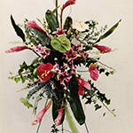 Tall tropical bouquet with pink and green flowers