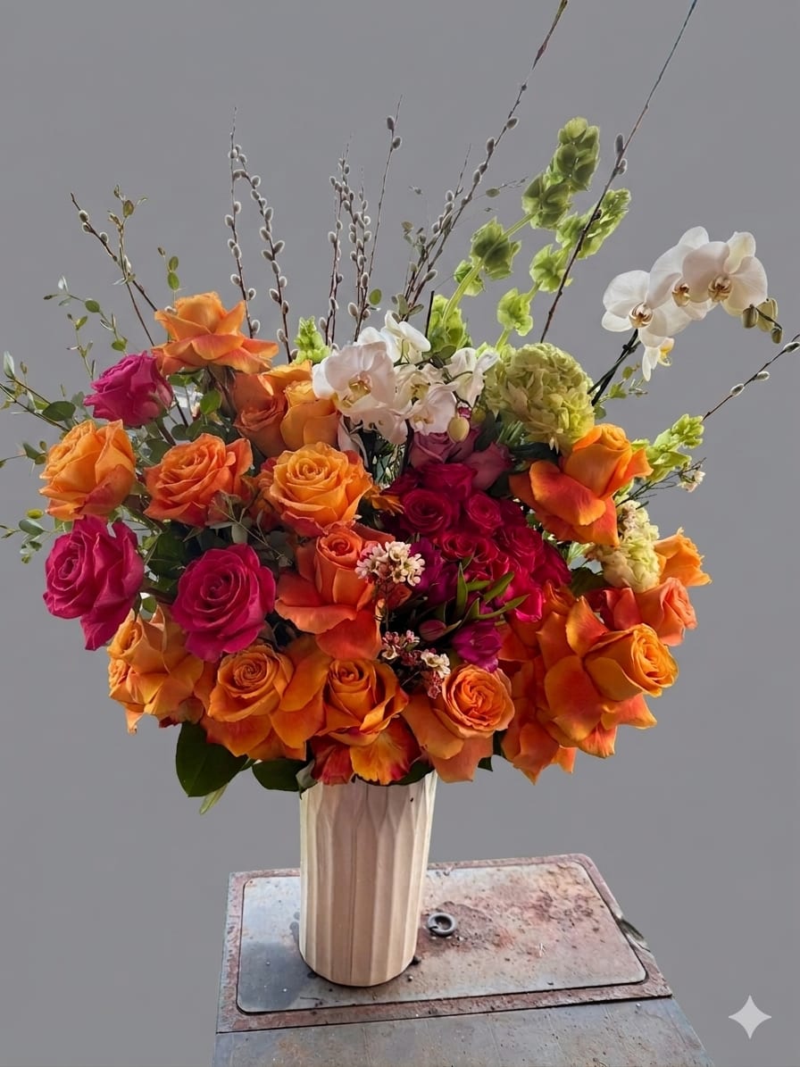Hollywood Queen - A bold cluster of orange and hot pink roses makes a striking first impression in this flower arrangement, perfect for an anniversary, birthday, or any upscale celebration. The arrangement reads like a red-carpet moment-vibrant, romantic, and unapologetically joyful-so the person you're celebrating will feel noticed and adored the moment it arrives.  White Phalaenopsis orchids float among the dense roses, their pale, sculptural blooms softening the warm palette while tall, branching stems add elegant vertical movement. Finished in a ribbed ceramic vase, the composition is full and upright with a polished, contemporary silhouette-great for tabletops or a foyer display. Colors: orange, pink, white, and touches of green; flowers: roses, Phalaenopsis orchids, and complementary foliage.  This is the kind of arrangement that suits anniversaries, milestone birthdays, or making an upscale statement at an event; it also works as a thoughtful way to say you're thinking of someone special. Care: keep in a cool spot away from direct sunlight and change the water regularly to extend bloom life. Sizes and exact flower counts are available at checkout.