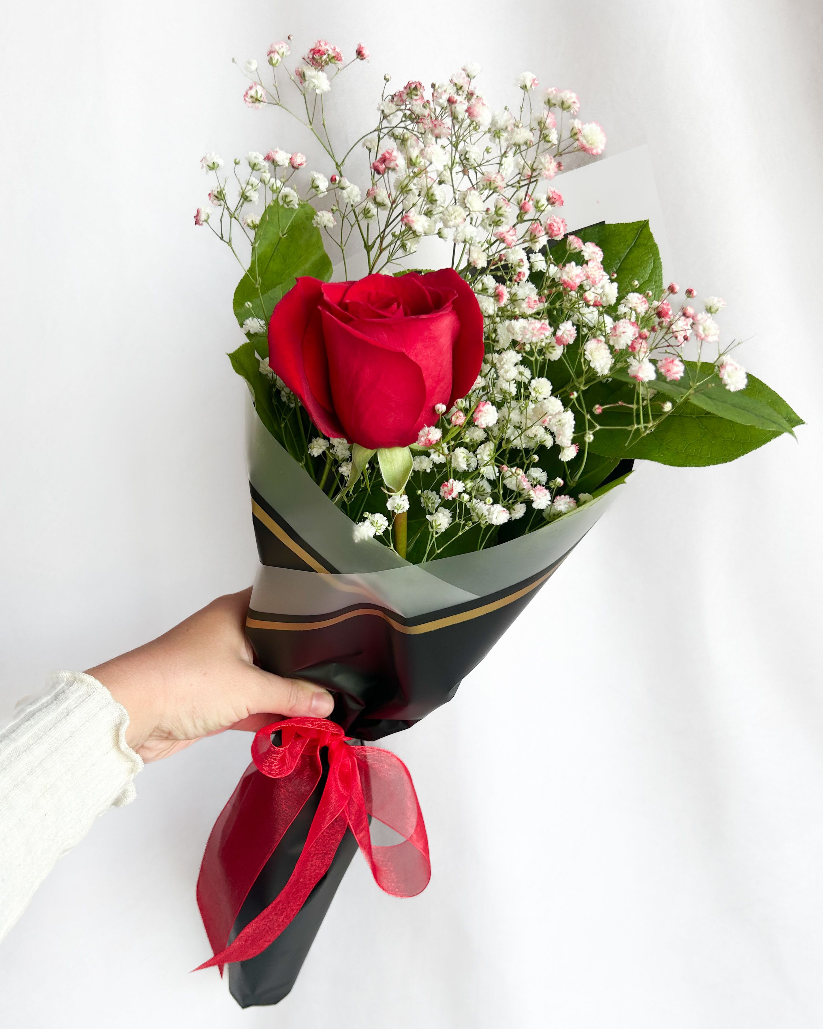 Single red rose bouquet with baby's breath in black wrap and red ribbon
