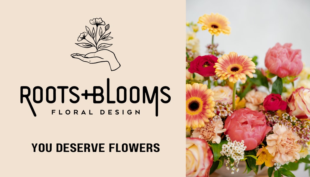 Floral design logo beside a colorful bouquet of mixed flowers