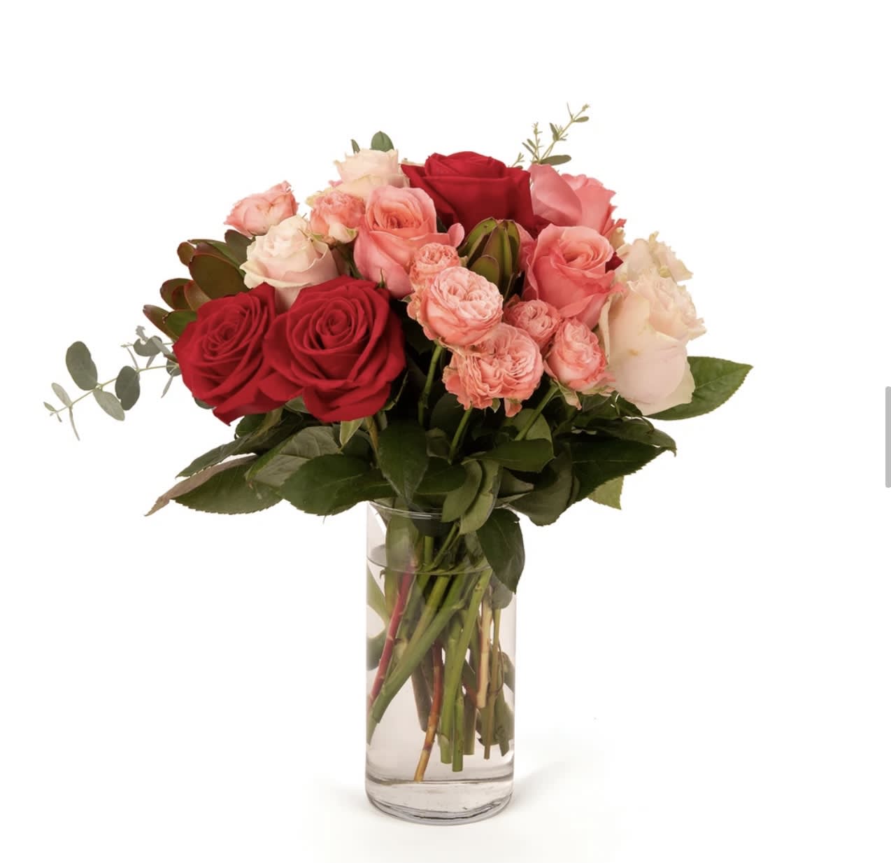 Bouquet of red, pink, and white roses in a clear glass vase